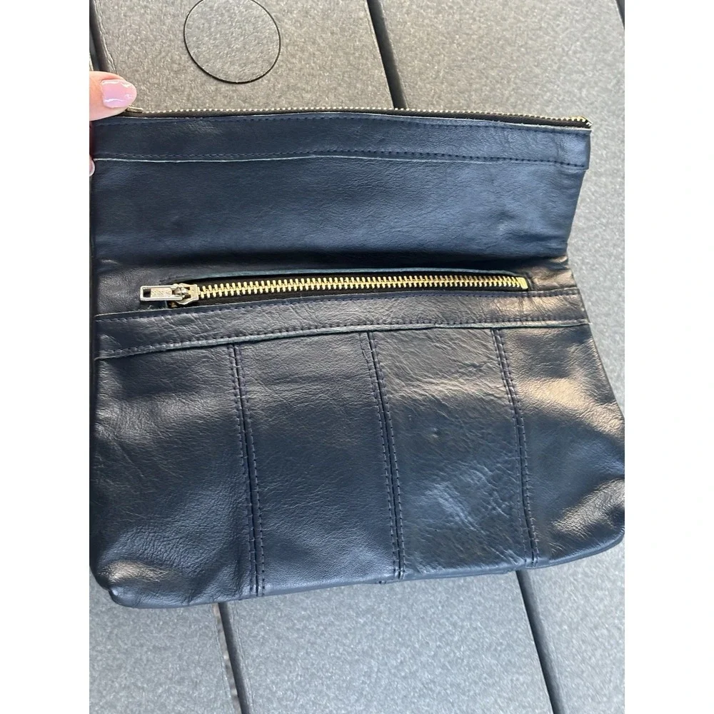 Vintage VKK Fold over Navy Blue Leather Clutch Zipper Closure Two Compartments